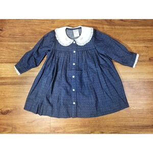 Vtge Polly Flinders Denim Lace Collar Full Button Dress Size 4T